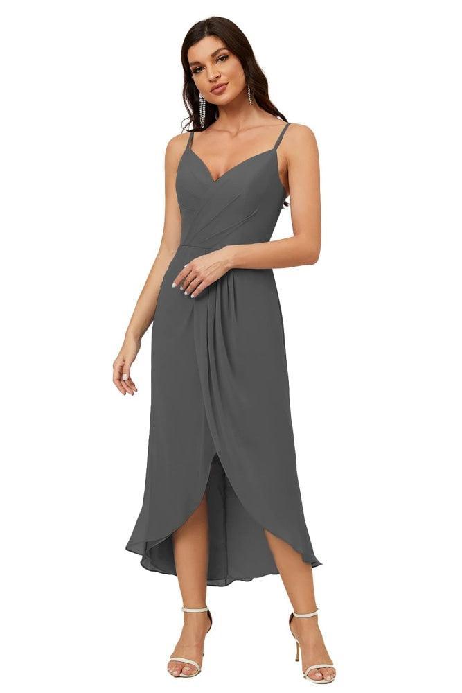 Numbersea Spaghetti Chiffon V Neck Bridesmaid Dress Mid-Length Slit Formal Prom Dress Homecoming Dress 2803-numbersea