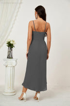 Numbersea Spaghetti Chiffon V Neck Bridesmaid Dress Mid-Length Slit Formal Prom Dress Homecoming Dress 2803-numbersea
