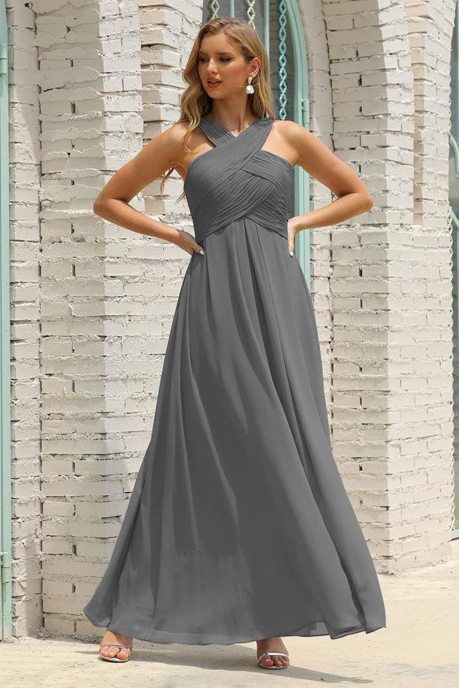 Numbersea Women Halter Chiffon Bridesmaid Dress A-line Long Formal Prom Gown SEA28015-numbersea