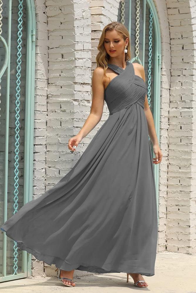 Numbersea Women Halter Chiffon Bridesmaid Dress A-line Long Formal Prom Gown SEA28015-numbersea