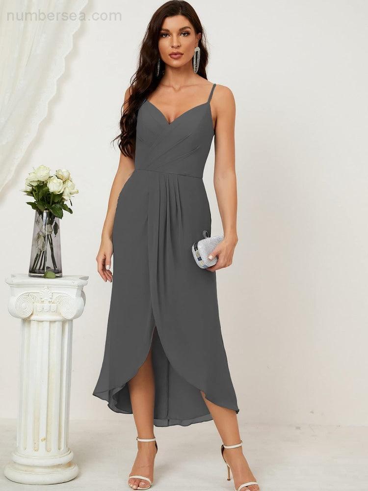 Numbersea Spaghetti Chiffon V Neck Bridesmaid Dress Mid-Length Slit Formal Prom Dress Homecoming Dress 2803-numbersea