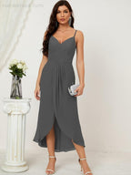 Numbersea Spaghetti Chiffon V Neck Bridesmaid Dress Mid-Length Slit Formal Prom Dress Homecoming Dress 2803-numbersea