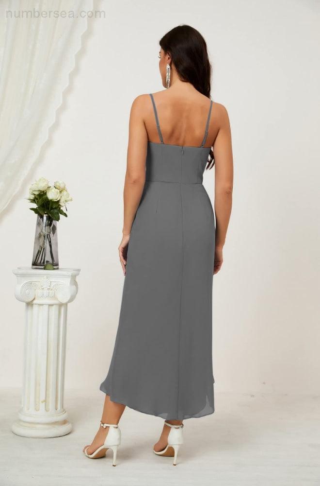 Numbersea Spaghetti Chiffon V Neck Bridesmaid Dress Mid-Length Slit Formal Prom Dress Homecoming Dress 2803-numbersea