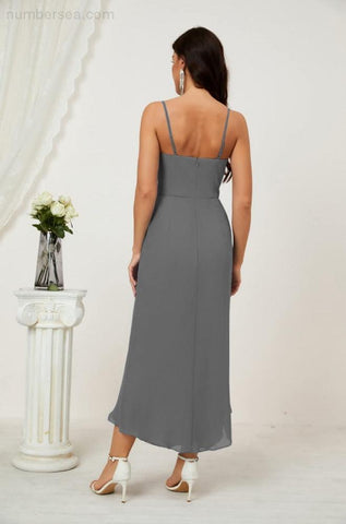 Numbersea Spaghetti Chiffon V Neck Bridesmaid Dress Mid-Length Slit Formal Prom Dress Homecoming Dress 2803-numbersea