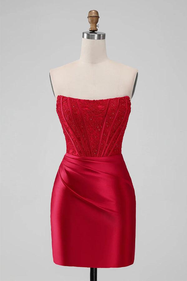 Vestido de fiesta ajustado sin tirantes, vestido de fiesta corto rojo