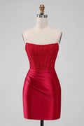 Vestido de fiesta ajustado sin tirantes, vestido de fiesta corto rojo