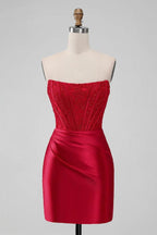 Vestido de fiesta ajustado sin tirantes, vestido de fiesta corto rojo