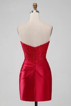 Vestido de fiesta ajustado sin tirantes, vestido de fiesta corto rojo
