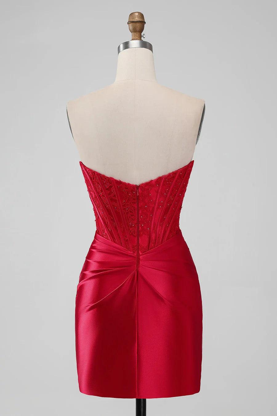 Vestido de fiesta ajustado sin tirantes, vestido de fiesta corto rojo