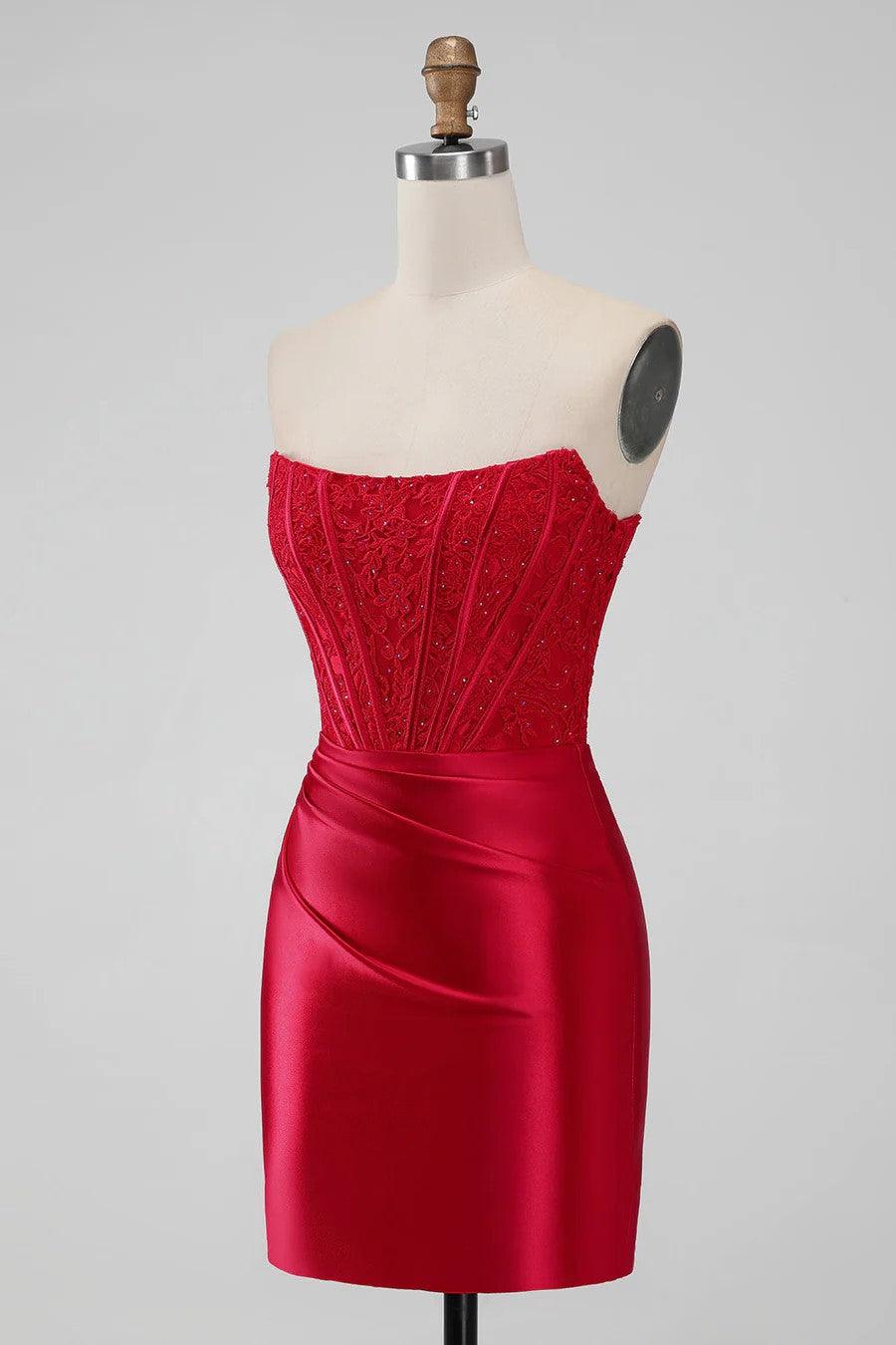Vestido de fiesta ajustado sin tirantes, vestido de fiesta corto rojo