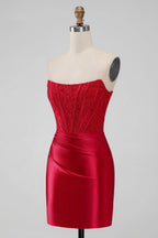 Vestido de fiesta ajustado sin tirantes, vestido de fiesta corto rojo