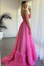 Trägerloses, langes Ballkleid aus Tüll mit Korsett und Rüschen in Fuchsia PSK580