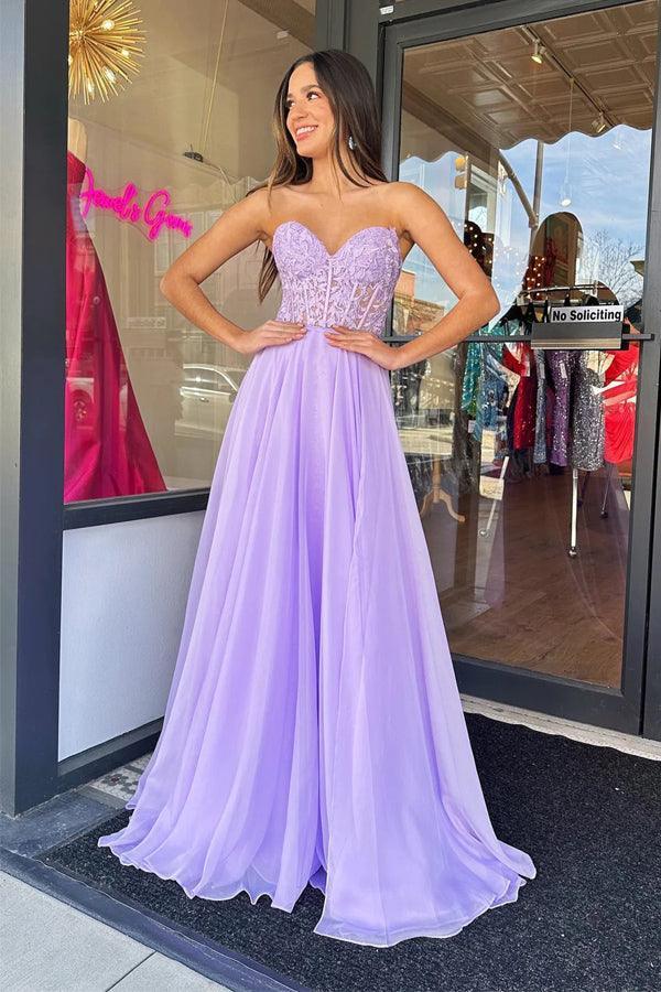 Strapless Lilac Tulle Long Evening Dress A-Line Floor Length Prom Dress