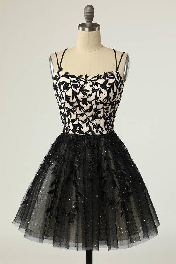 Vestido de fiesta corto con tirantes y apliques negros, vestido de regreso a casa con lentejuelas