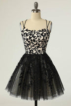 Vestido de fiesta corto con tirantes y apliques negros, vestido de regreso a casa con lentejuelas