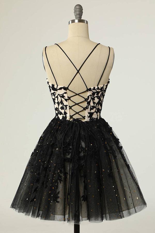 Vestido de fiesta corto con tirantes y apliques negros, vestido de regreso a casa con lentejuelas