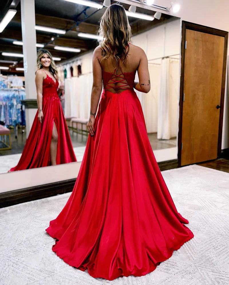 Vestido de fiesta corte A tirantes finos corsé espalda con abertura