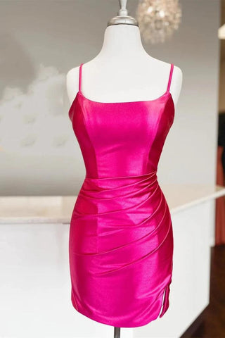 Straps Fuchsia Ruched Bodycon Tight Satin Homecoming Dress