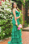 Straps Mermaid Ruffle Tiered Green Long Prom Dress With Slit