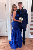 Straps Mermaid Ruffle Tiered Green Long Prom Dress With Slit