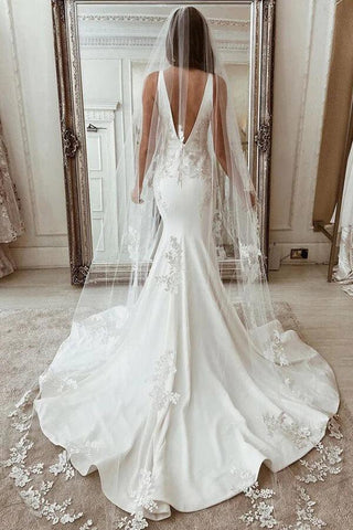NumberSea Stretch Satin Mermaid Deep V-neck Wedding Dress With Lace Appliques, MW934