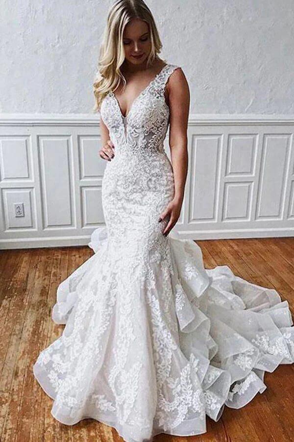 Impresionante vestido de novia NumberSea de tul con encaje y volantes, corte sirena, MW783