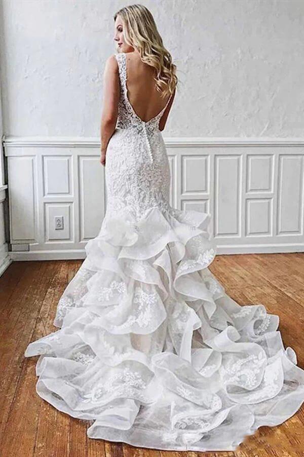 Impresionante vestido de novia NumberSea de tul con encaje y volantes, corte sirena, MW783