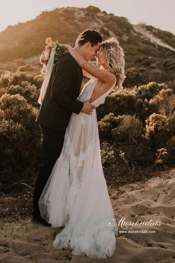 Impresionante vestido de novia de playa NumberSea de tul, corte A, escote en V y apliques de encaje, MW992