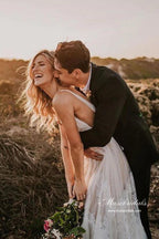 Impresionante vestido de novia de playa NumberSea de tul, corte A, escote en V y apliques de encaje, MW992