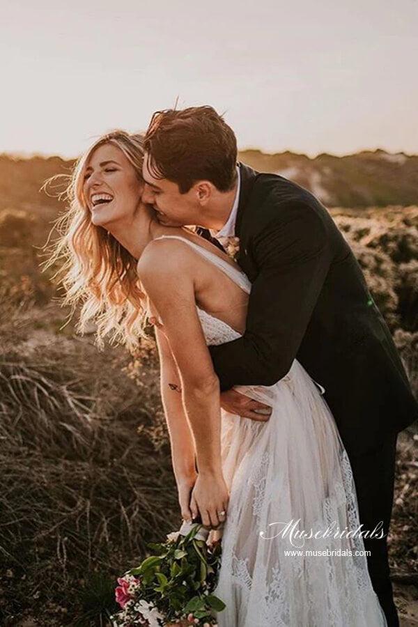 Impresionante vestido de novia de playa NumberSea de tul, corte A, escote en V y apliques de encaje, MW992