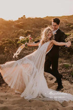 Impresionante vestido de novia de playa NumberSea de tul, corte A, escote en V y apliques de encaje, MW992