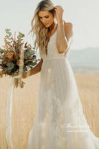 Impresionante vestido de novia de playa NumberSea de tul, corte A, escote en V y apliques de encaje, MW992