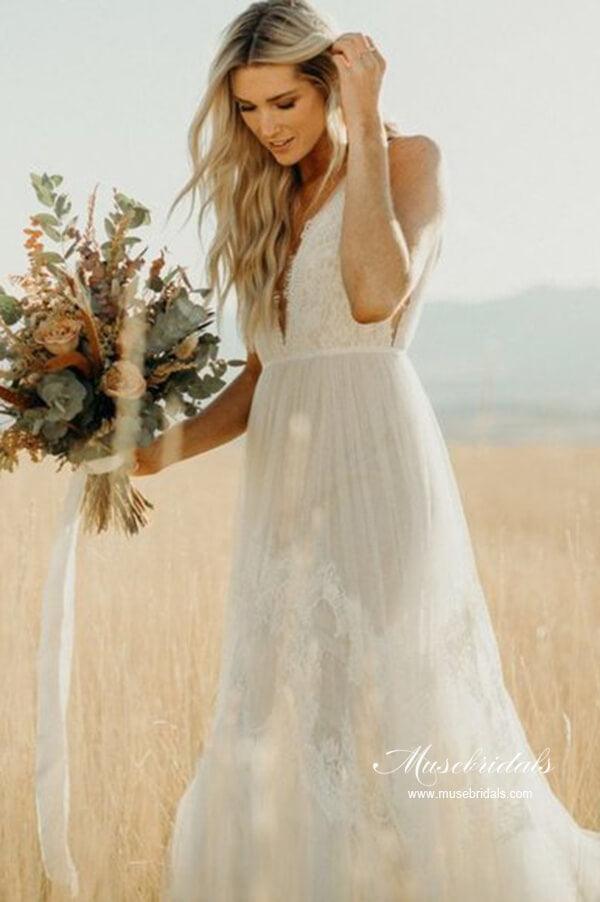 Impresionante vestido de novia de playa NumberSea de tul, corte A, escote en V y apliques de encaje, MW992