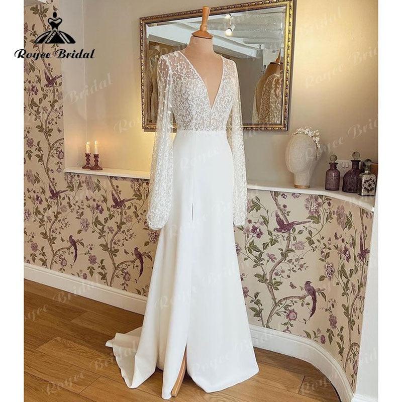 Vintage Brautkleid aus Spitze mit Satinoberteil, V-Ausschnitt, offenem Rücken, langen Puffärmeln und seitlichem Schlitz – Vestido Novia