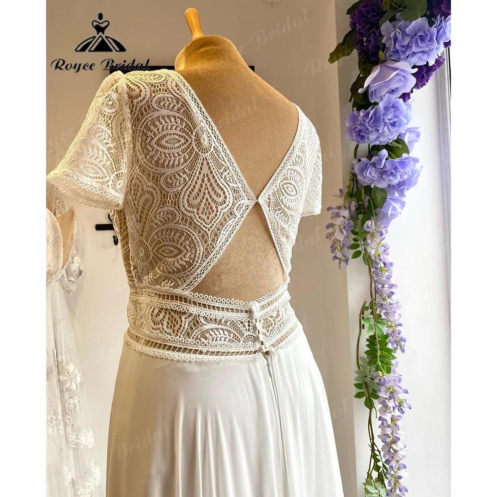 Vestido de novia de encaje bohemio de playa de verano con corpiño de gasa y mangas casquillo para novia, vestido de novia con cuello en V sin espalda para mujer