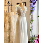 Summer Beach Boho Bohemian Lace Bodice Chiffon Cap Sleeve Wedding Dress for Bride V Neck Backless Wedding Gown for Women