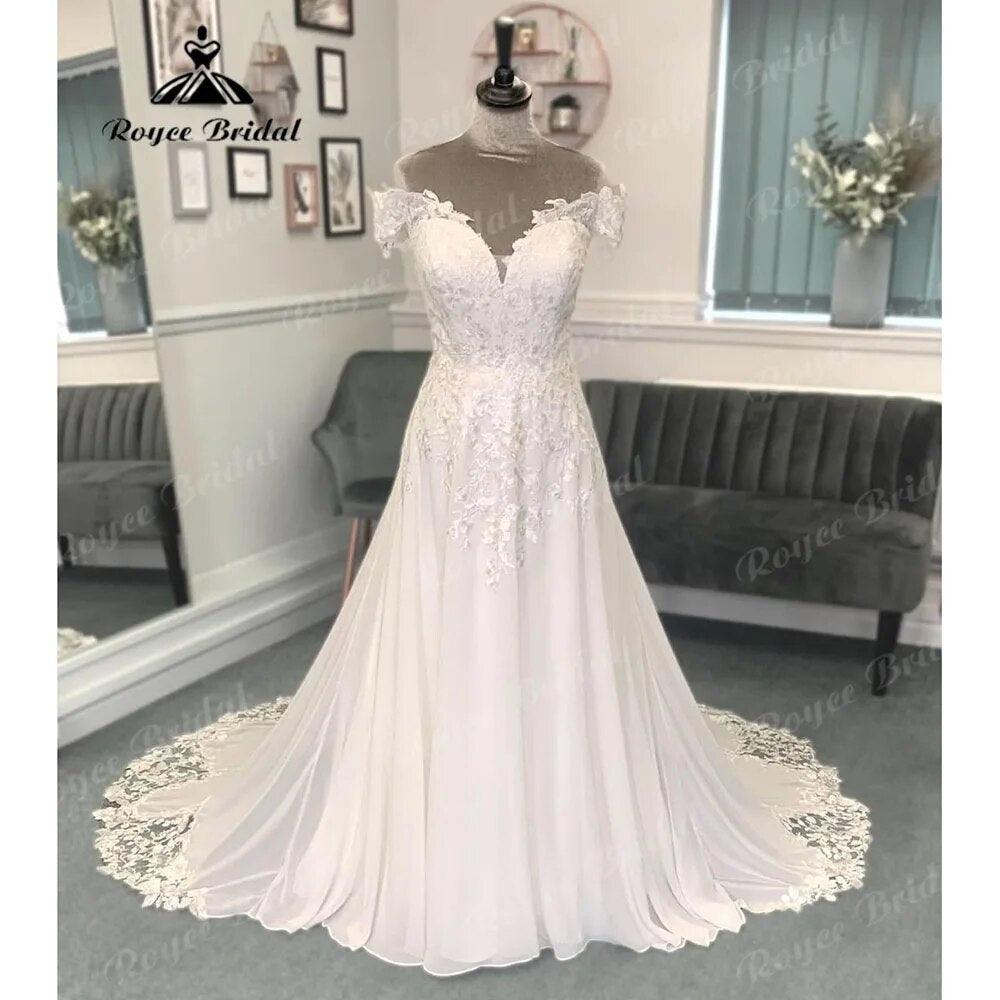 Summer Civil Lace Chiffon Off Shoulder Boho V Neckline Wedding Dress Robe Mariee Sexy Bridal Gown vestido para boda playa