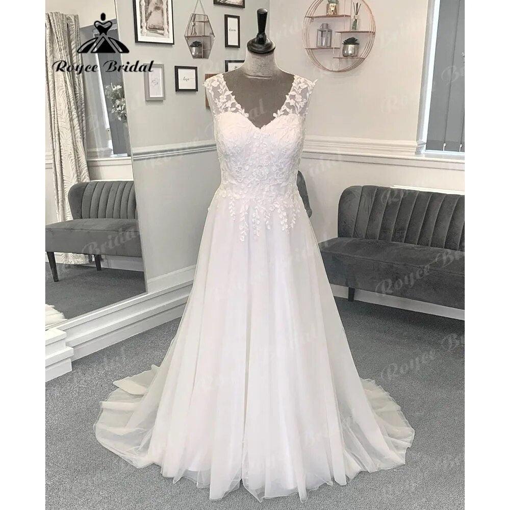 Vestido de Novia Bohemio sin Mangas de Verano con Escote en V, Cuerpo de Encaje, Corte A, Cola Barrida para Mujer