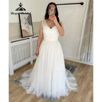 Vestido de Novia Bohemio sin Mangas de Verano con Escote en V, Cuerpo de Encaje, Corte A, Cola Barrida para Mujer