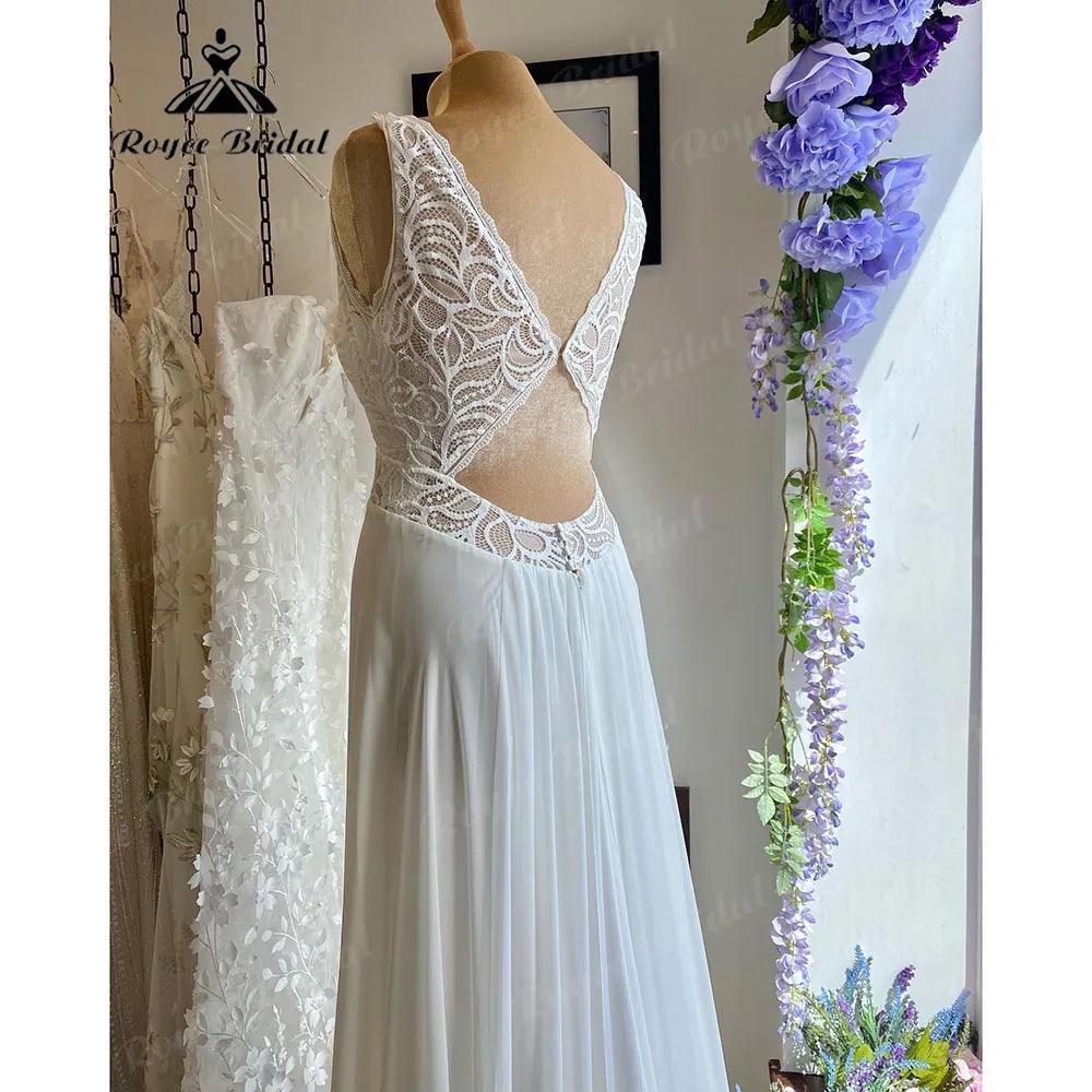 Summer Tank Sleeveless Lace Bodice Chiffon Open Back Boho Wedding Gown for Bride Wedding Dress Receipt Party Gown Elegant