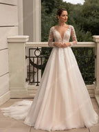 Sweet Deep V Neck Wedding Dresses For Women 2024 A Line Ivory Lace Long Sleeves Vintage Bride Ball Bridal Gown Vestidos De Novia