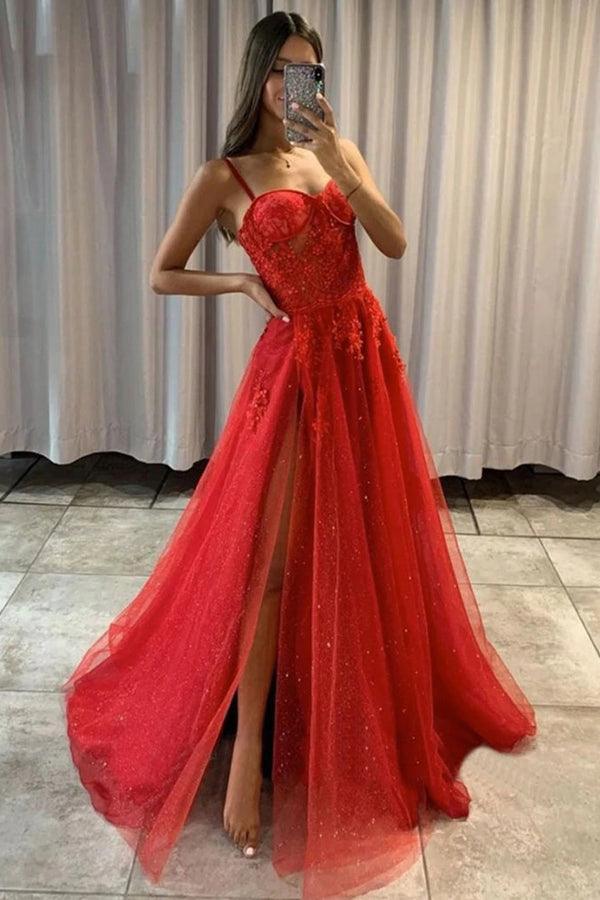 Rotes, glitzerndes Tüll-Abendkleid mit Herzausschnitt und A-Linien-Schnitt