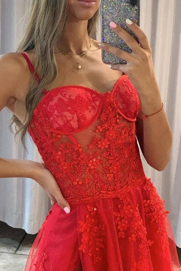 Rotes, glitzerndes Tüll-Abendkleid mit Herzausschnitt und A-Linien-Schnitt