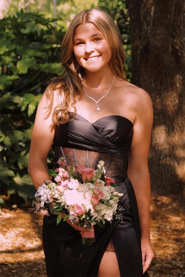 Vestido de fiesta largo con escote corazón y corsé negro con abertura PSK593