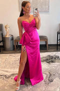 Sweetheart Hot Pink Sheath Long Prom Dress with Bow