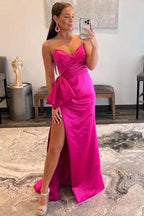 Sweetheart Hot Pink Sheath Long Prom Dress with Bow