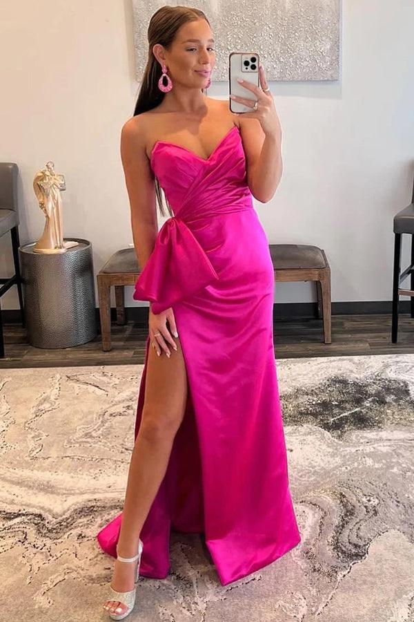 Sweetheart Hot Pink Sheath Long Prom Dress with Bow