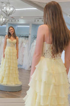 Vestidos de fiesta largos con corsé de gasa y encaje con escote corazón y volantes