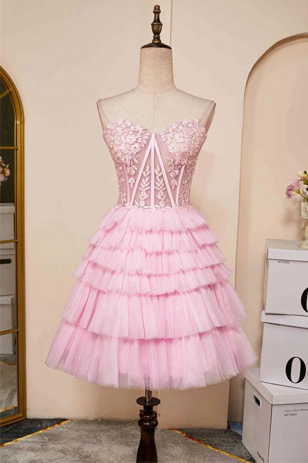 Trägerloses, mehrlagiges rosa Homecoming-Kleid mit Herzausschnitt