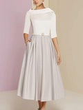 Numbersea Mother Of The Bride Dresses A-Line/Princess Jewel Neck Half Sleeve Tea Length
